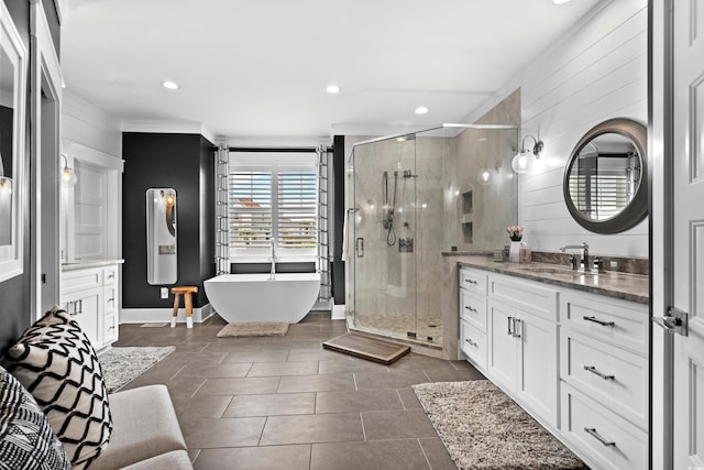 4832 Williams Island Dr, Little River, SC 29566 - full bathroom featuring a shower stall, vanity, tile patterned flooring, a soaking tub, and recessed lighting