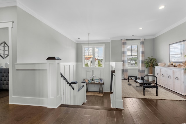 4832 Williams Island Dr, Little River, SC 29566 - foyer with dark wood-style floors, a wainscoted wall, ornamental molding, plenty of natural light, and a decorative wall