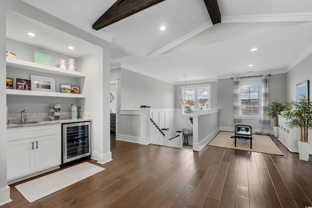 4832 Williams Island Dr, Little River, SC 29566 - indoor wet bar featuring wine cooler, dark wood-type flooring, recessed lighting, and hanging light fixtures