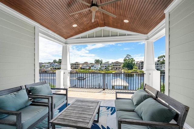 4832 Williams Island Dr, Little River, SC 29566 - view of patio featuring an outdoor hangout area, a water view, ceiling fan, and a residential view
