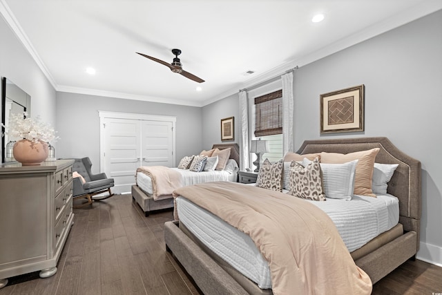 4832 Williams Island Dr, Little River, SC 29566 - bedroom featuring recessed lighting, ornamental molding, dark wood-style flooring, a ceiling fan, and a closet