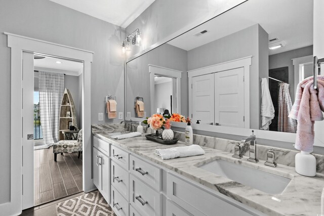 4832 Williams Island Dr, Little River, SC 29566 - bathroom featuring double vanity and curtained shower