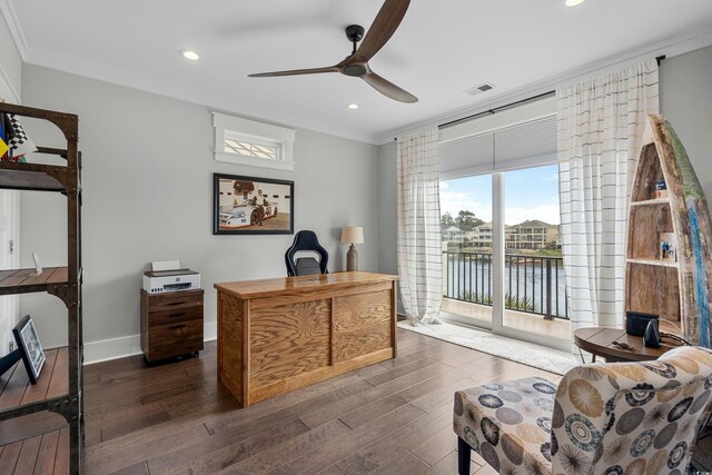4832 Williams Island Dr, Little River, SC 29566 - office featuring crown molding, ceiling fan, dark wood-style flooring, recessed lighting, and baseboards