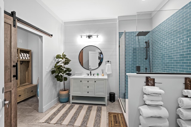 4832 Williams Island Dr, Little River, SC 29566 - bathroom with a shower stall, tile patterned floors, and vanity