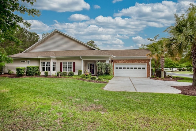 ranch-style house with an attached garage, concrete driveway, a front lawn, and roof with shingles