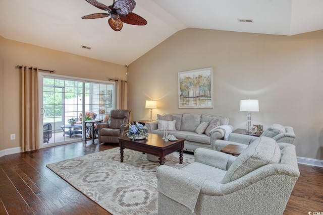 living area with a ceiling fan, vaulted ceiling, baseboards, and dark wood-style floors
