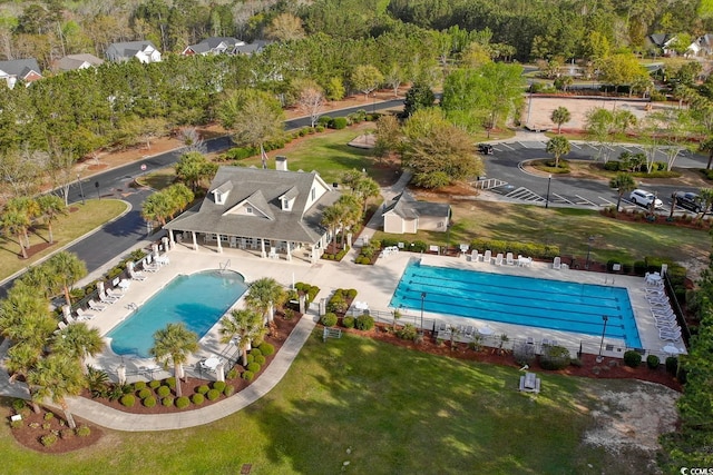 aerial view of a pool area