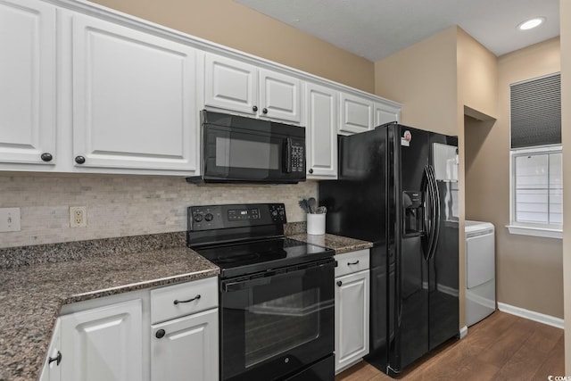 kitchen with black appliances, wood finished floors, backsplash, white cabinets, and recessed lighting