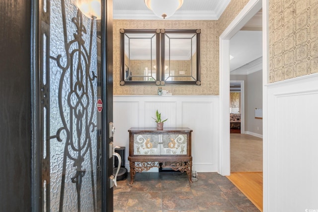 1516 James Island Ave, North Myrtle Beach, SC 29582 - foyer with stone finish floors, wainscoting, ornamental molding, and wallpapered walls