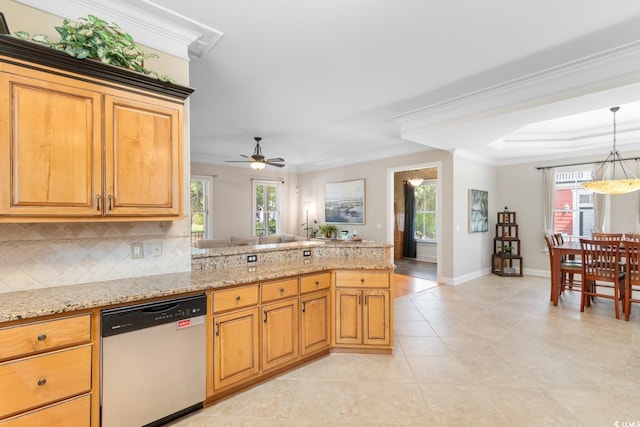 1516 James Island Ave, North Myrtle Beach, SC 29582 - kitchen featuring stainless steel dishwasher, a peninsula, ceiling fan, healthy amount of natural light, and ornamental molding