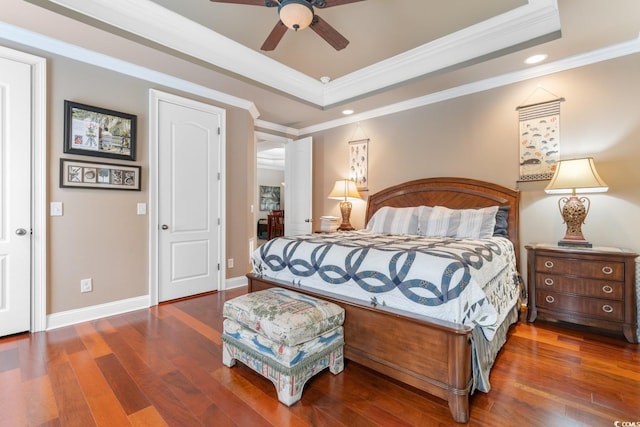 1516 James Island Ave, North Myrtle Beach, SC 29582 - bedroom featuring a tray ceiling, hardwood / wood-style flooring, ornamental molding, recessed lighting, and ceiling fan