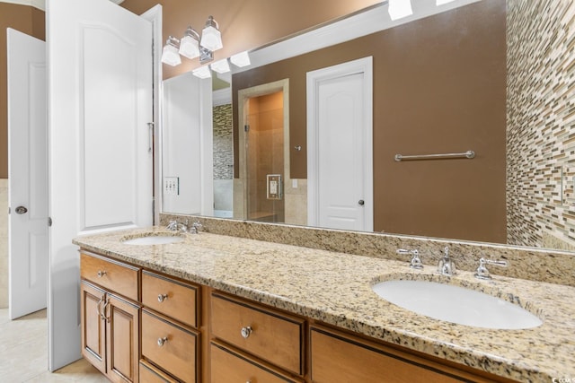 1516 James Island Ave, North Myrtle Beach, SC 29582 - bathroom featuring double vanity, a shower stall, and tile patterned floors