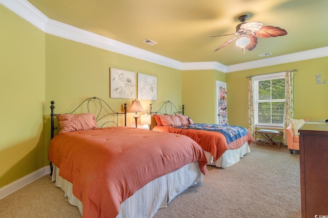 bedroom with light colored carpet, crown molding, ceiling fan, and baseboards
