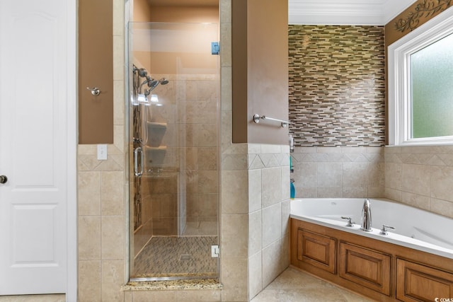 1516 James Island Ave, North Myrtle Beach, SC 29582 - full bathroom with tile walls, a shower stall, a bath, and ornamental molding