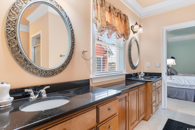 full bath featuring ornamental molding, ensuite bathroom, vanity, and marble finish floors