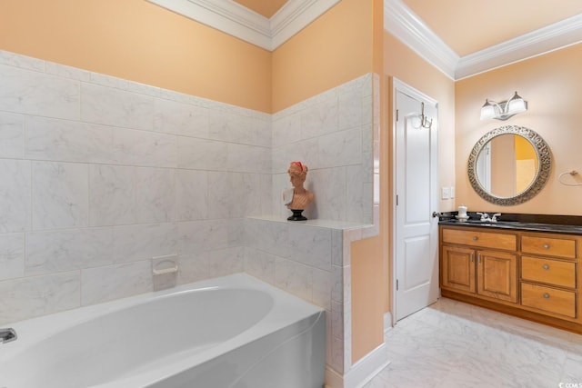 bathroom with ornamental molding, a garden tub, vanity, and marble finish flooring