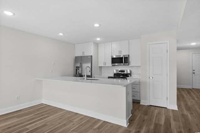kitchen with stainless steel appliances, a sink, tasteful backsplash, wood finished floors, and recessed lighting
