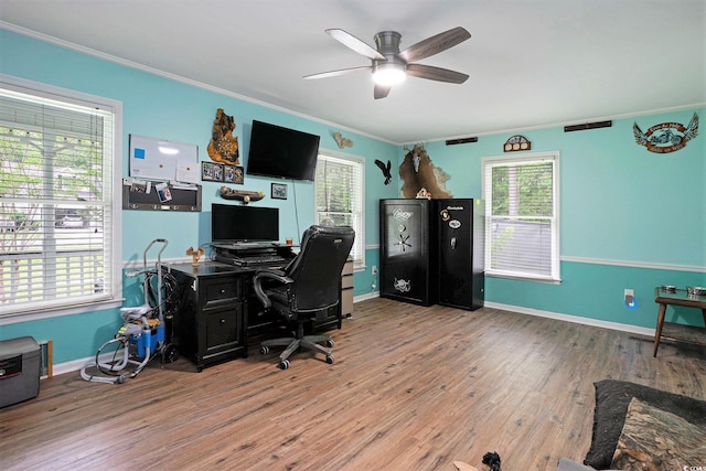 home office featuring plenty of natural light, crown molding, ceiling fan, wood finished floors, and baseboards
