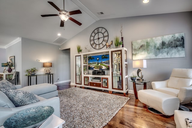living area with ceiling fan, wood finished floors, vaulted ceiling, baseboards, and recessed lighting