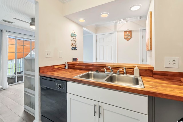 3008 Church St Unit D3, Myrtle Beach, SC 29577 - kitchen featuring butcher block countertops, dishwasher, a sink, ornamental molding, and white cabinetry