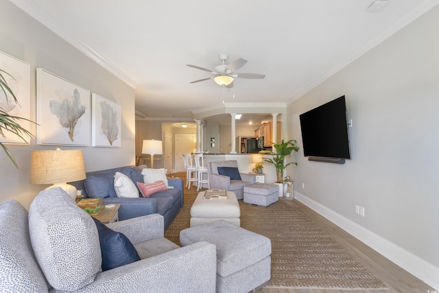 2180 Waterview Ln Unit 836, North Myrtle Beach, SC 29582 - living room with a ceiling fan, ornamental molding, light wood-style flooring, and baseboards