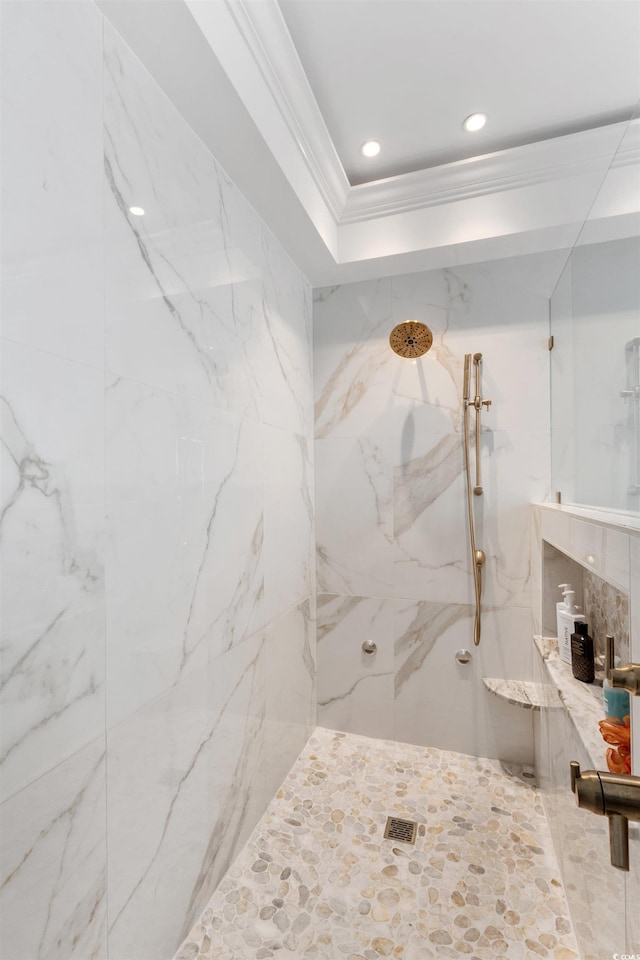 2180 Waterview Ln Unit 836, North Myrtle Beach, SC 29582 - bathroom with ornamental molding, a marble finish shower, and recessed lighting