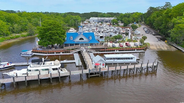 dock featuring a water view and a forest view