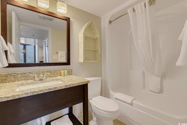 full bathroom with toilet, vanity, shower / bathtub combination with curtain, and a textured ceiling