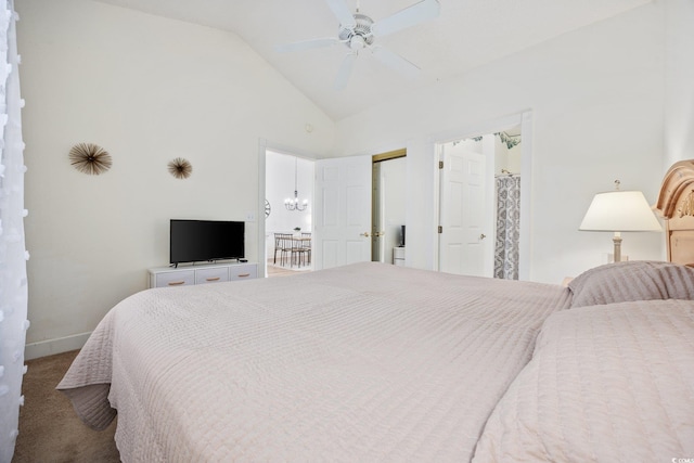 carpeted bedroom with baseboards, a ceiling fan, and high vaulted ceiling
