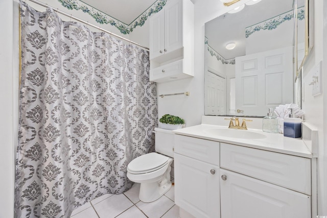 bathroom featuring tile patterned floors, toilet, vanity, and a shower with curtain