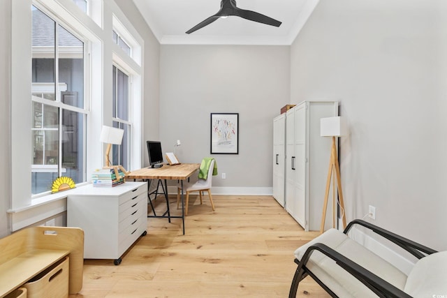 341 Brickwell Ln, Pawleys Island, SC 29585 - home office with ornamental molding, light wood-type flooring, a ceiling fan, and baseboards