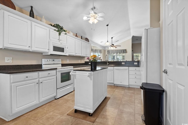 347 Kessinger Dr, Surfside Beach, SC 29575 - kitchen featuring white appliances, ceiling fan, a sink, lofted ceiling, and crown molding
