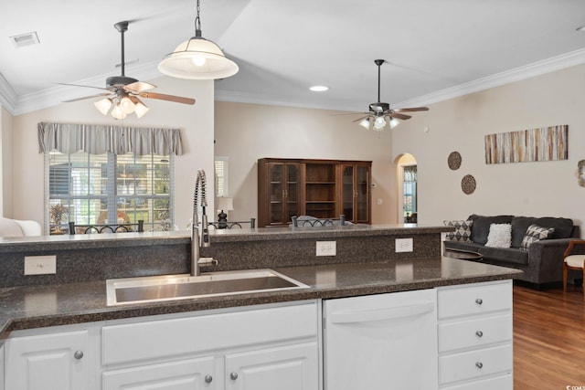 347 Kessinger Dr, Surfside Beach, SC 29575 - kitchen featuring dishwasher, ceiling fan, a sink, ornamental molding, and open floor plan