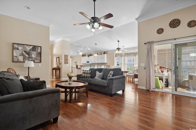 347 Kessinger Dr, Surfside Beach, SC 29575 - living room featuring ceiling fan, wood finished floors, ornamental molding, baseboards, and vaulted ceiling
