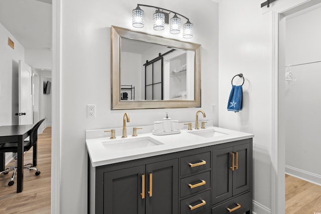full bathroom featuring wood finished floors, double vanity, and baseboards