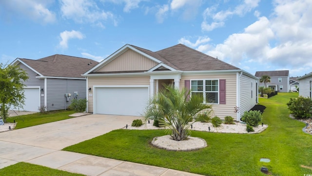 view of front of home with driveway, an attached garage, a front lawn, board and batten siding, and a shingled roof