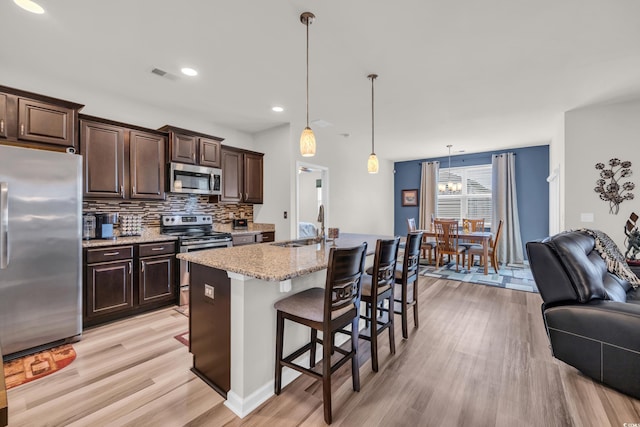 kitchen with stainless steel appliances, light wood-style flooring, open floor plan, backsplash, and dark brown cabinetry
