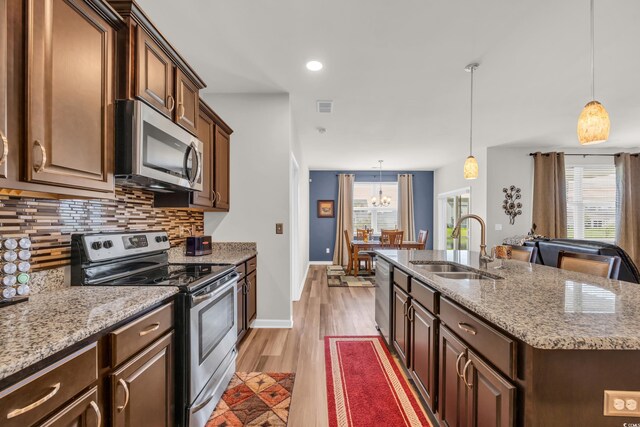 kitchen with stainless steel appliances, a sink, tasteful backsplash, a center island with sink, and light wood-type flooring