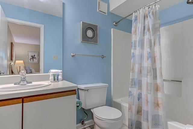 bathroom with shower / bath combination with curtain, toilet, vanity, baseboards, and tile patterned flooring