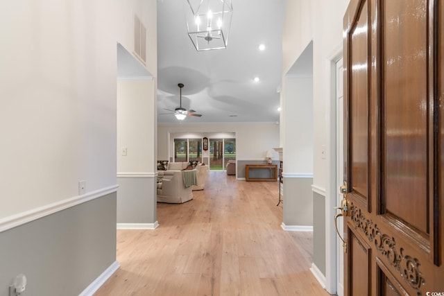 8207 Timber Ridge Rd, Conway, SC 29526 - entryway with a ceiling fan, light wood-style flooring, ornamental molding, and baseboards