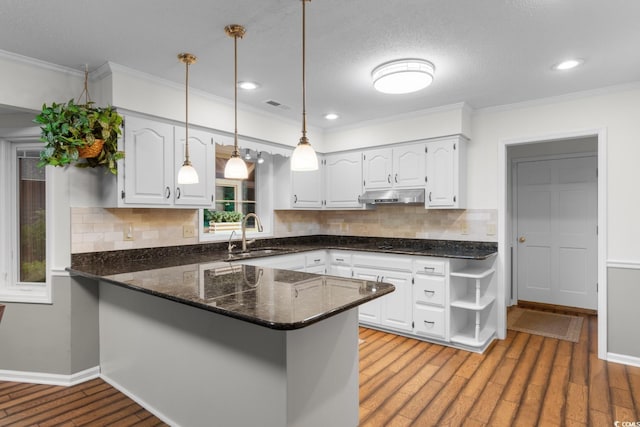 8207 Timber Ridge Rd, Conway, SC 29526 - kitchen with a sink, under cabinet range hood, a peninsula, white cabinetry, and open shelves