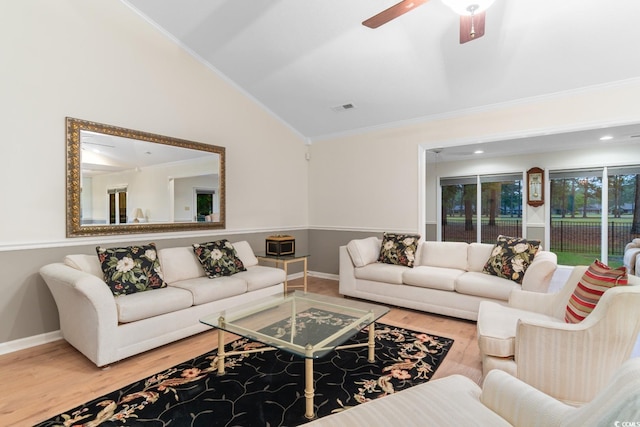 8207 Timber Ridge Rd, Conway, SC 29526 - living room featuring vaulted ceiling, wood finished floors, baseboards, crown molding, and a ceiling fan