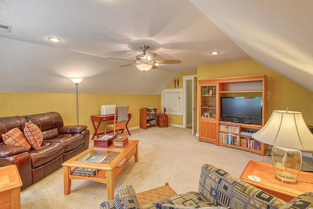living room with light carpet, lofted ceiling, ceiling fan, baseboards, and recessed lighting