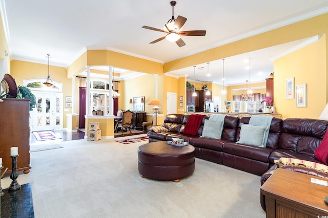 4608 Grovecrest Cir N, Myrtle Beach, SC 29582 - carpeted living room with crown molding, a ceiling fan, and baseboards