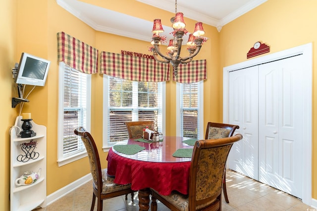 4608 Grovecrest Cir N, Myrtle Beach, SC 29582 - dining area with a chandelier, crown molding, light tile patterned floors, and baseboards