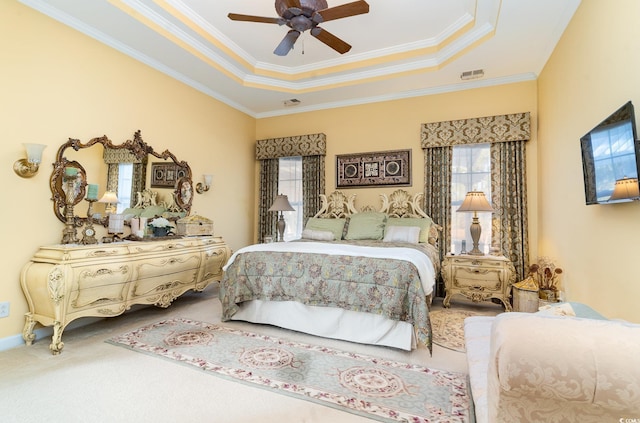 4608 Grovecrest Cir N, Myrtle Beach, SC 29582 - bedroom featuring a raised ceiling, ornamental molding, carpet flooring, and a ceiling fan