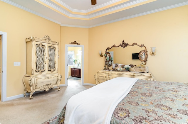 4608 Grovecrest Cir N, Myrtle Beach, SC 29582 - bedroom with light carpet, crown molding, baseboards, ensuite bath, and ceiling fan