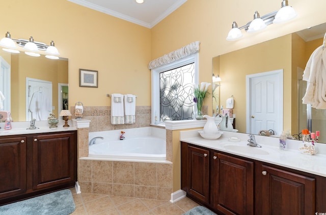 4608 Grovecrest Cir N, Myrtle Beach, SC 29582 - bathroom featuring tile patterned floors, a bath, two vanities, and ornamental molding