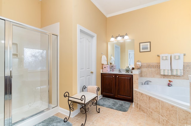 4608 Grovecrest Cir N, Myrtle Beach, SC 29582 - full bathroom featuring a shower stall, a bath, tile patterned flooring, ornamental molding, and vanity