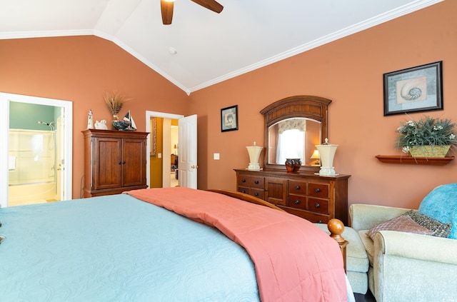 4608 Grovecrest Cir N, Myrtle Beach, SC 29582 - bedroom with ornamental molding, vaulted ceiling, connected bathroom, and ceiling fan